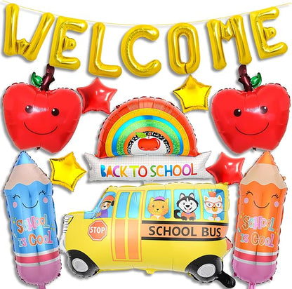 15 Pcs Back to School Balloons, School Bus Balloon, "WELCOME" Gold Letter by Decmied