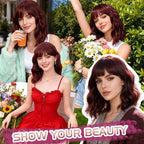 Wine Red Wig With Bangs Wave Bob Wigs for Women 14 Inch Short Loose Wavy Heat Resistant Synthetic Wig Shoulder Length Hair for Daily and Cospaly Party Use