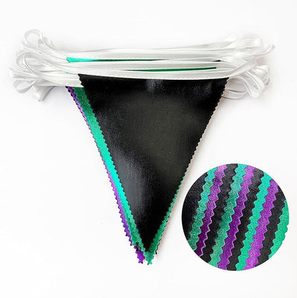 Black Purple Green Party Decorations Metallic Fabric Triangle Pennant Banner - Image 3