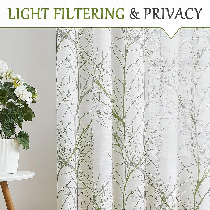 FMFUNCTEX Linen Sage Green White Semi Sheer Print Curtains 54 Inch 2 Panels | - Image 3