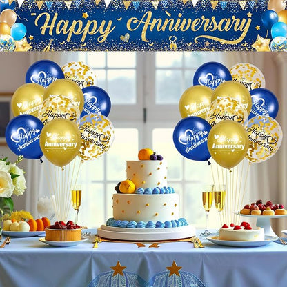 Happy Anniversary Banner Decorations Navy Blue Gold Happy Anniversary Yard - Image 2