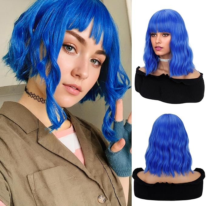 FAELBATY Bright Blue Short Wavy Wig Short Dark Blue Wigs With Air Bangs Shoulder Length Wig For Women Curly Wavy Synthetic Wig Halloween Cosplay Wig for Girls Costume Wigs (12" Bright Blue)