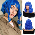 FAELBATY Bright Blue Short Wavy Wig Short Dark Blue Wigs With Air Bangs Shoulder Length Wig For Women Curly Wavy Synthetic Wig Halloween Cosplay Wig for Girls Costume Wigs (12" Bright Blue)