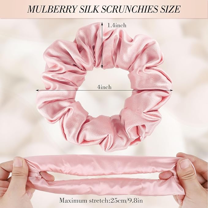 4 Pack Mulberry Silk Scrunchies, Silk Hair Ties Satin Scrunchies No Damag for Hair Sleep Valentine's Day Christmas Gifts