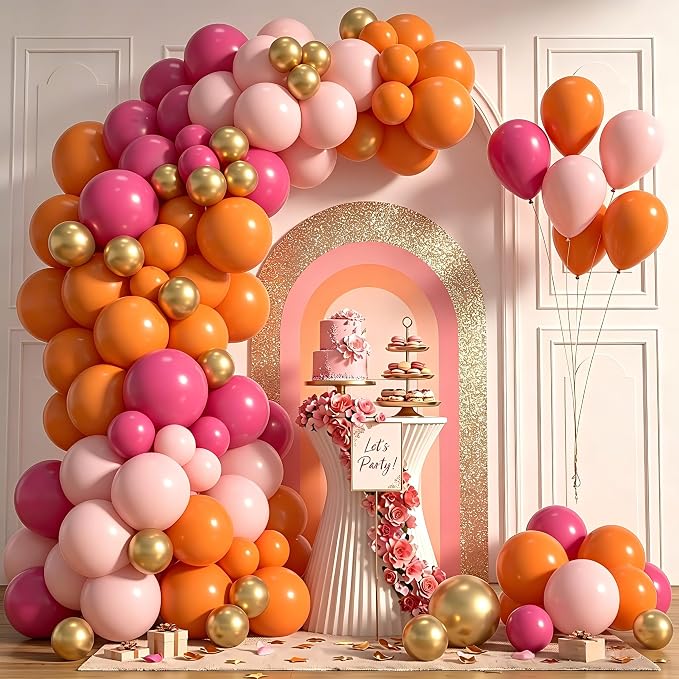 Pink and Orange Balloons Arch 12inch Hot Pink Orange 5inch Metallic Gold Latex by Unknown
