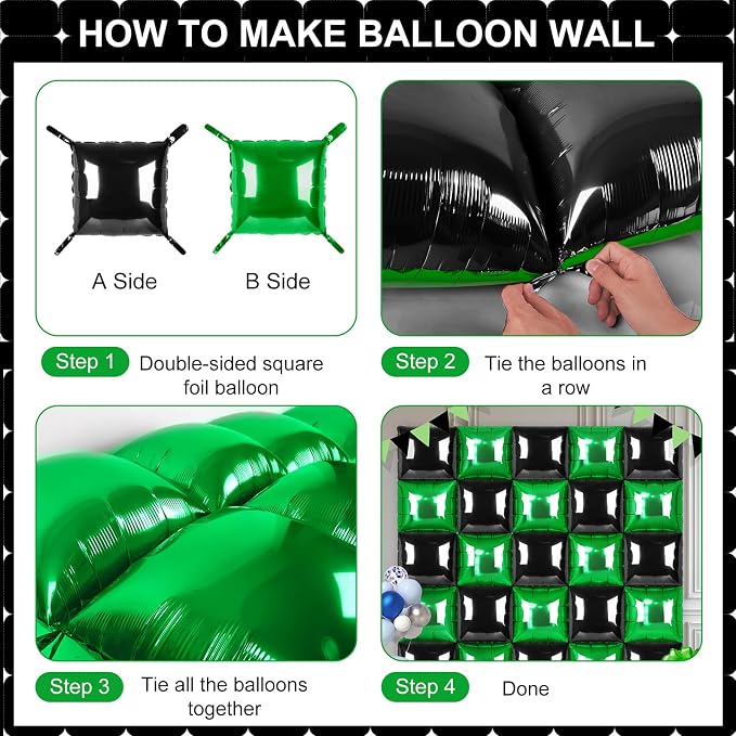 Black and Green Square Foil Balloons 25 Pcs Metallic Black and Green Balloons - Image 3