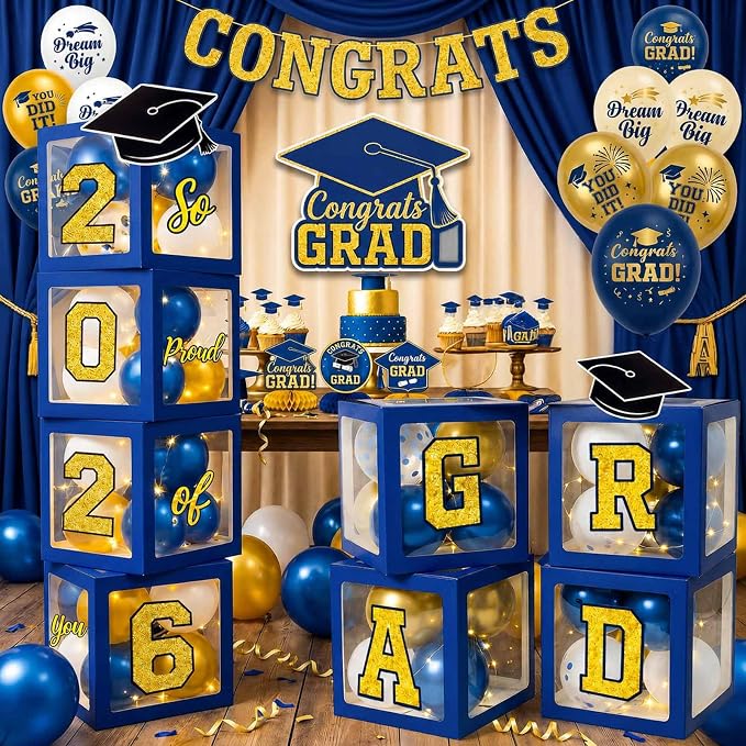 Graduation Decorations Class of 2026 Navy Blue and Gold Balloon Boxes by makegraduationunforgettable