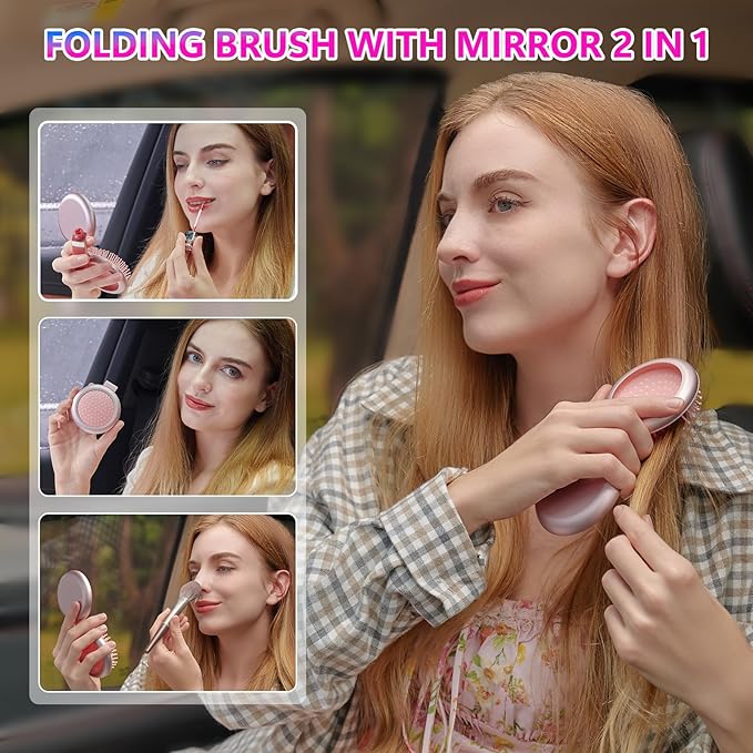LCD Screen Cordless Hair Straightener Curler 2 in 1, Portable Mini Hair Straightening Brush for Travel Negative Ionic Fast Heating Hot Comb for Women, Folding Brush with Mirror, Green
