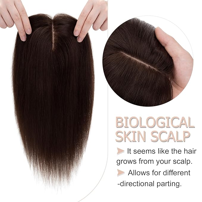 Hair Toppers for Women Real Human Hair No Bangs, 13 * 15 cm Larger Silk Base 150% Density Clip In Topper Hairpieces, Wiglet Top Pieces Add Volume -10 Inch 02 Dark Brown
