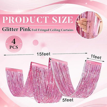 4 Pcs Iridescent Pink 15ft Metallic Foil Ceiling Fringe Curtains, Party Decor - Image 2