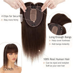 Hair Toppers for Women Real Human Hair With Bangs, 13 * 15 cm Larger Silk Base 150% Density Clip In Topper Hairpieces, Wiglet Top Pieces Add Volume /10 Inch 02 Dark Brown
