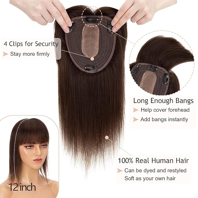 Hair Toppers for Women Real Human Hair With Bangs, 13 * 15 cm Larger Silk Base 150% Density Clip In Topper Hairpieces, Wiglet Top Pieces Add Volume -14 Inch 02 Dark Brown