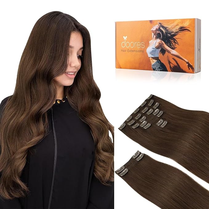 DOORES Real Human Hair Extensions, Chocolate Brown 18 Inch 150g 9pcs, Clip in Straight Thick