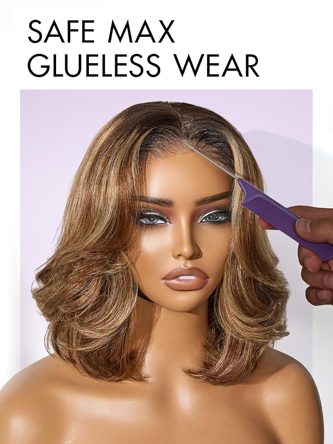 LUVME HAIR 5X5 Layer Cut Bob Wig 100% Human Hair 10 Inches Highlight Mix Brown Glueless Wigs Human Hair Pre Plucked Pre Cut Ready to Go Wig 200 Density