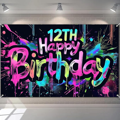 HOMETITUTE Neon 12th Happy Birthday Banner 71x43 Inch Glow Party Supplies | by HOMETITUTE