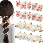 4PCS Rose Bead Spiral Hair Ties, 2 Colors Floral Phone Cord Ponytail Holders for Women, Elegant Rubber Hair Coils, Stylish Hair Accessories for Party, Daily Use - White, Pink Flower