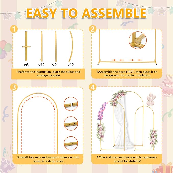Toodour Arch Backdrop Stand 7.2FT, 6FT Set of 3 Gold Metal Wedding Balloon Arch - Image 3