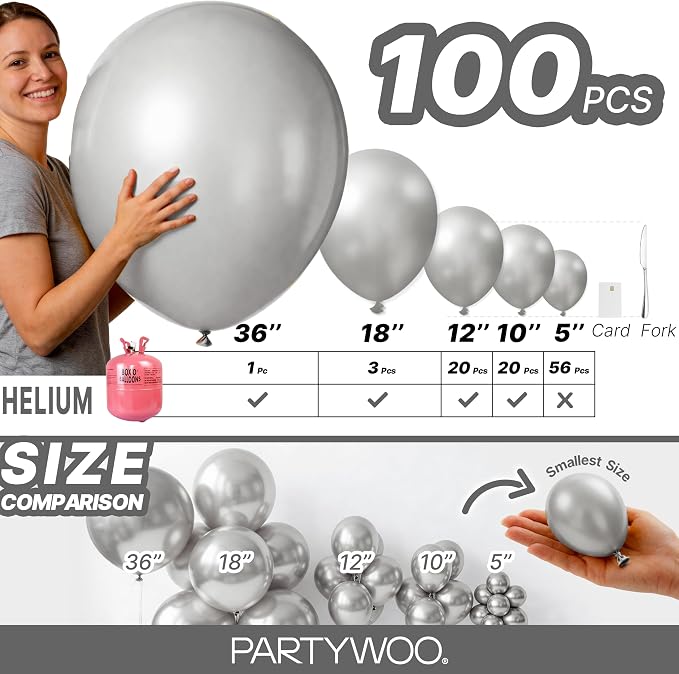 PartyWoo Silver Balloons 100pcs Different Sizes of 36 18 12 10 5 Inch | Balloons - Image 6