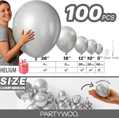 PartyWoo Silver Balloons 100pcs Different Sizes of 36 18 12 10 5 Inch | Balloons - Image 6