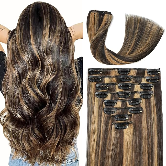Clip in Hair Extensions Real Human Hair 24inch 8pcs 120g Seamless Balayage Dark Brown Hair Extensions Clip Ins Double Weft Dark Brown Highlight Chestnut Brown Invisible Straight Remy Human Hair