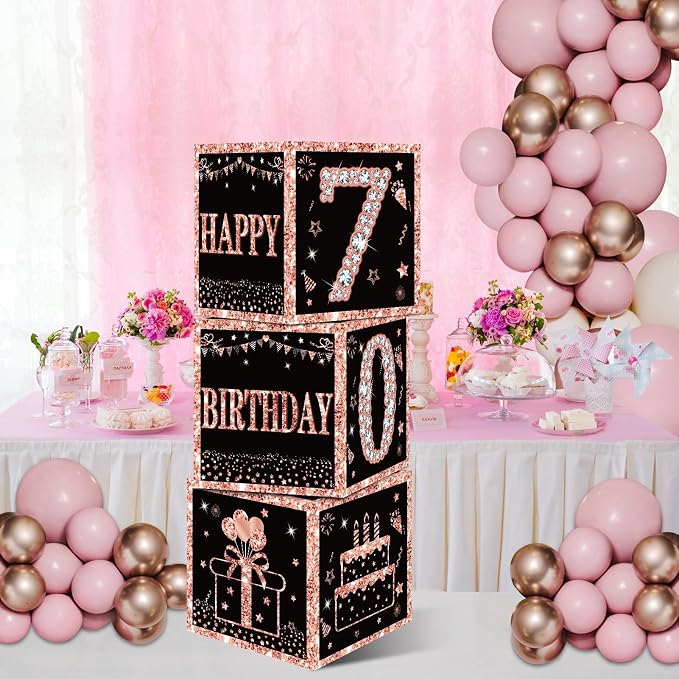 Eiurteao 3pcs Rose Gold 70th Birthday Decorations Boxes - Image 4