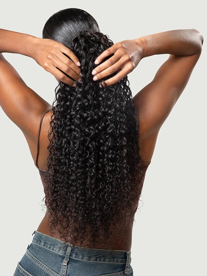 Frodio Clip in Ponytail Extension Human Hair for women 26 Inches Long Water Wave Curly Extension Ponytail Natural Color