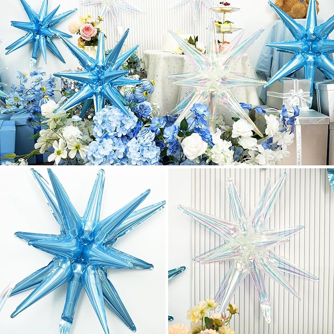 9Pcs Light Blue and Iridescent Star Balloons, Large Explosion Foil Balloons - Image 5