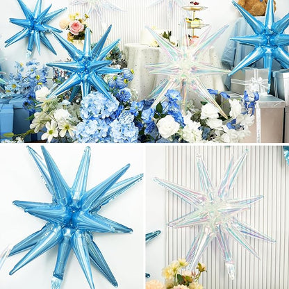 9Pcs Light Blue and Iridescent Star Balloons, Large Explosion Foil Balloons - Image 5
