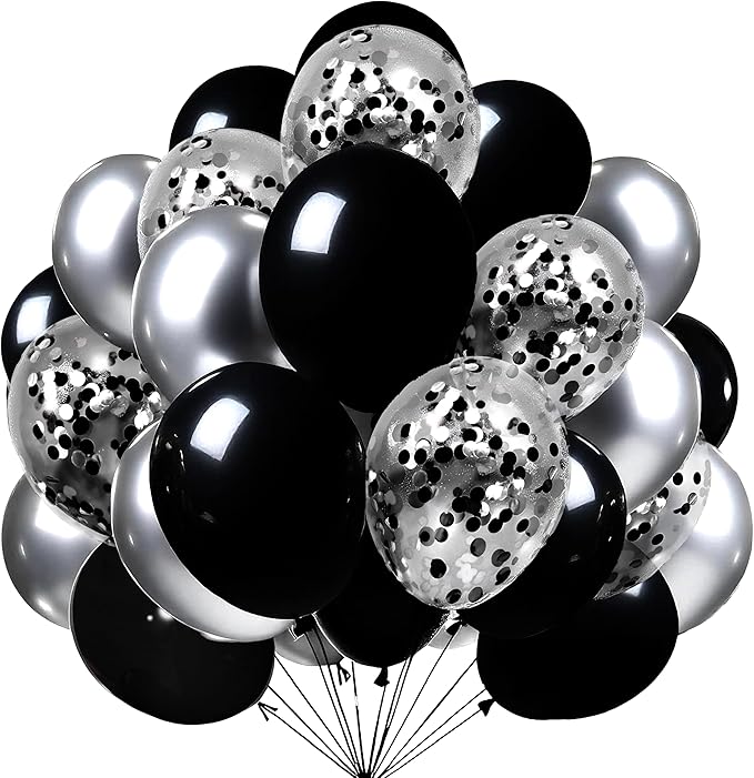 Firomi Metallic Chrome Silver Black Balloons 12 inch 70 Pack | Latex Black and by Firomi