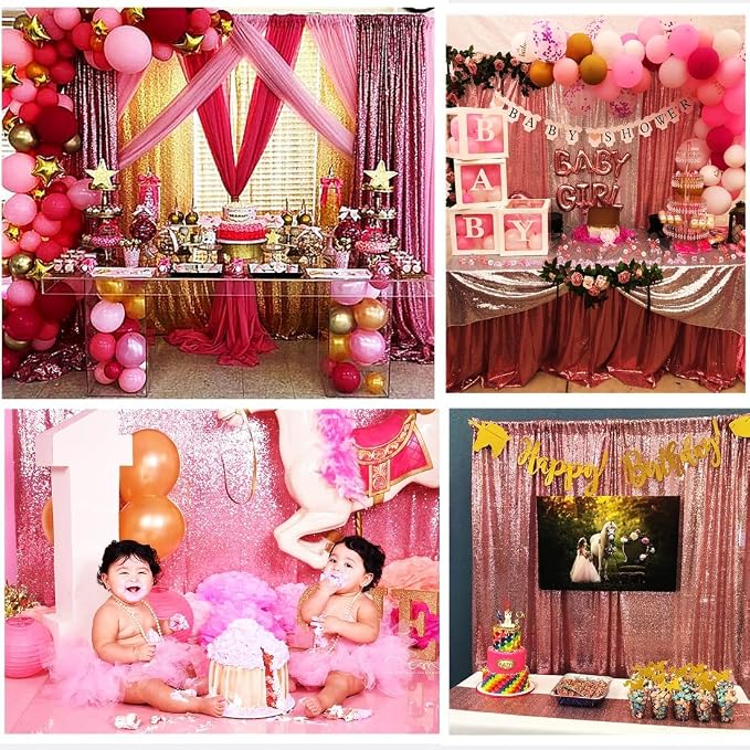Poise3EHome Fuchsia Pink Sequin Backdrop, 4 Panels 2x8ft Glitter Curtain - Image 6