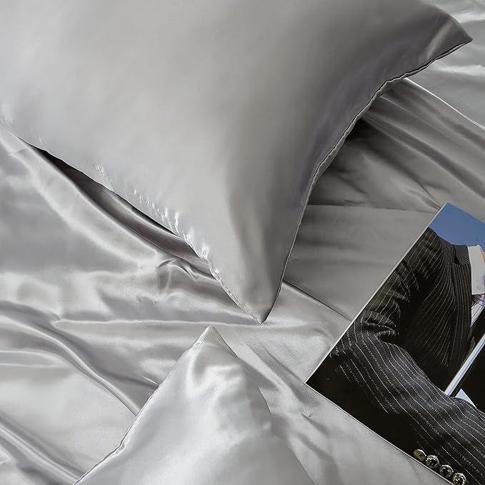 Light Grey King Size Satin Pillowcases Set of 2 for Hair and Skin,Light Grey Silk Pillowcase Breathable Pillowcase with Envelope Closure