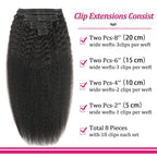 Kinky Straight Clip in Human Hair Extensions for Black Women 8Pcs 120g Seamless Kinky Straight Clip Ins 18Clips Double Weft Human Hair Full Head Hair Extensions (1B 22 Inch)