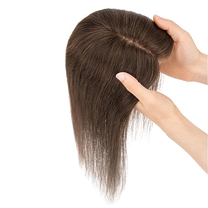 Hairro Human Hair Toppers Free Parted, 3.5x4.7" Base Hand-wovened 100% Real Hairpieces, with Invisible Clips-in for Women, for High Hairline/Adding Volume on Top, 12 Inch Dark Brown