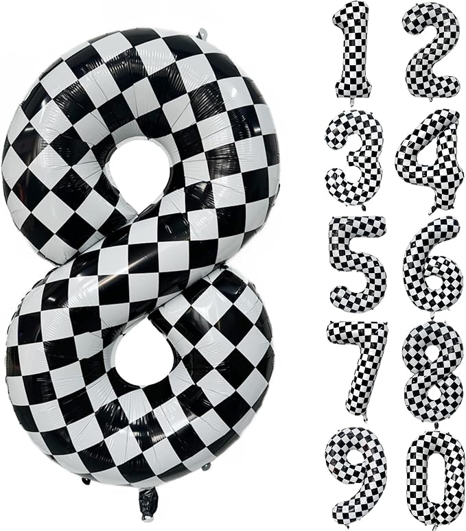 40 Inch Checkered Number Balloon 8 Black and White Number 8 Balloon Foil Helium by Yeodong