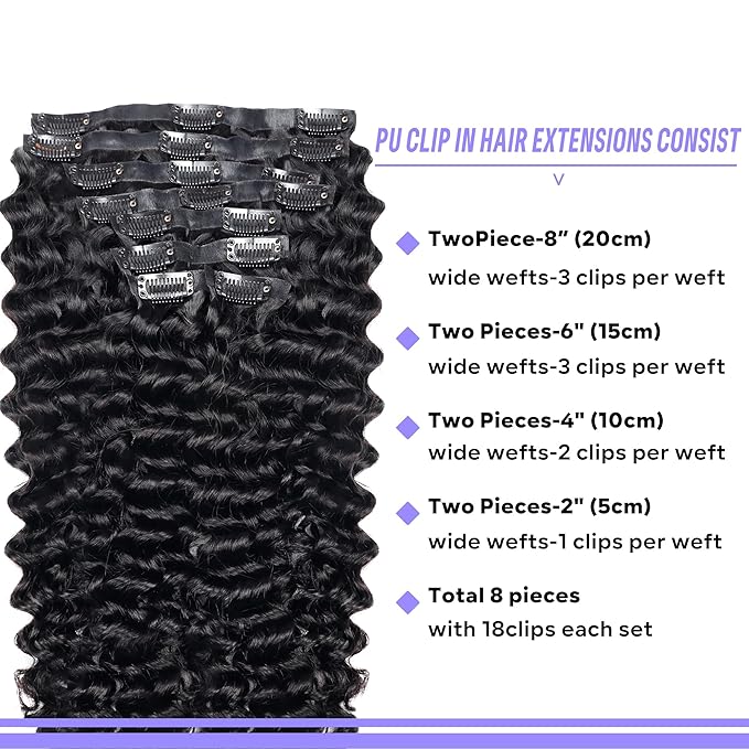 Seamless Clip in Hair Extensions Real Human Hair Deep Wave Brazilian Virgin Human Hair Clip in Extensions for Women 8Pcs PU Remy Hair Skin Weft with 18Clips 120g 22inch Natural Black