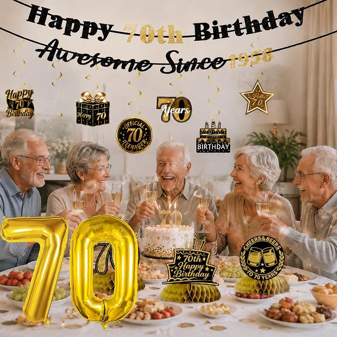70th Birthday Decorations For Men Women, Pre-Strung Black Gold Happy 70th - Image 5