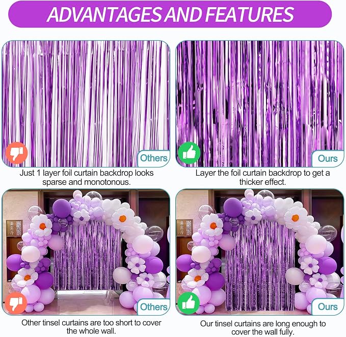 7 Pack 3.3 x 9.9 ft Purple Fringe Backdrop Streamers Party Decorations | Foil - Image 5