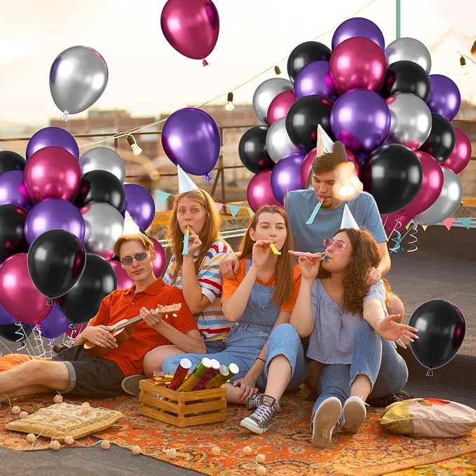 Pink and Purple Balloons, 12 Inch Metallic Pink Purple Black and Silver Balloons - Image 7