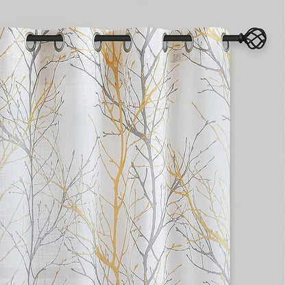 FMFUNCTEX Linen Yellow White Semi Sheer Print Curtains 72 Inch 2 Panels | Tree by Fmfunctex