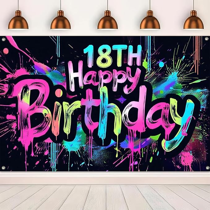 HOMETITUTE Neon 18th Happy Birthday Banner 71x43 Inch | Glow in The Dark Party - Image 5