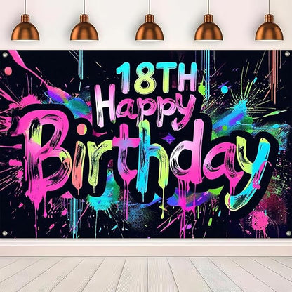 HOMETITUTE Neon 18th Happy Birthday Banner 71x43 Inch | Glow in The Dark Party - Image 5