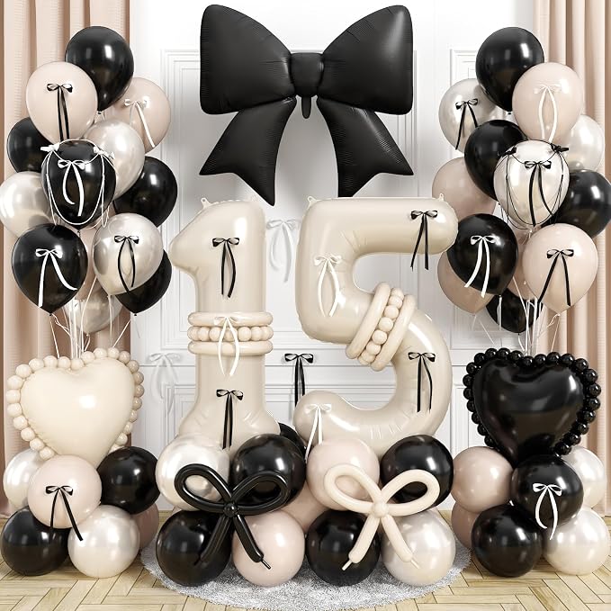Beige Number 15 Balloon 40 Inch, Double Stuff Pearl White Black Cream Latex by Jobkoo