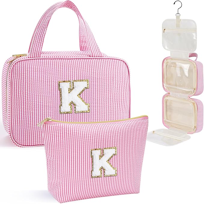 YOOLIFE Christmas Gifts for Women Stocking Stuffers, Initial Hanging Toiletry Bag for Women, Travel Toiletry Bag, Birthday Gifts for Mom Daughter Sister Friends, Letter K, Pink