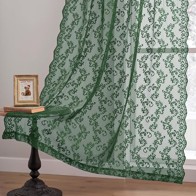 Dark Green Lace Curtains 72 Inches Long 2 Panels Country Vintage Sheer Lace - Image 4