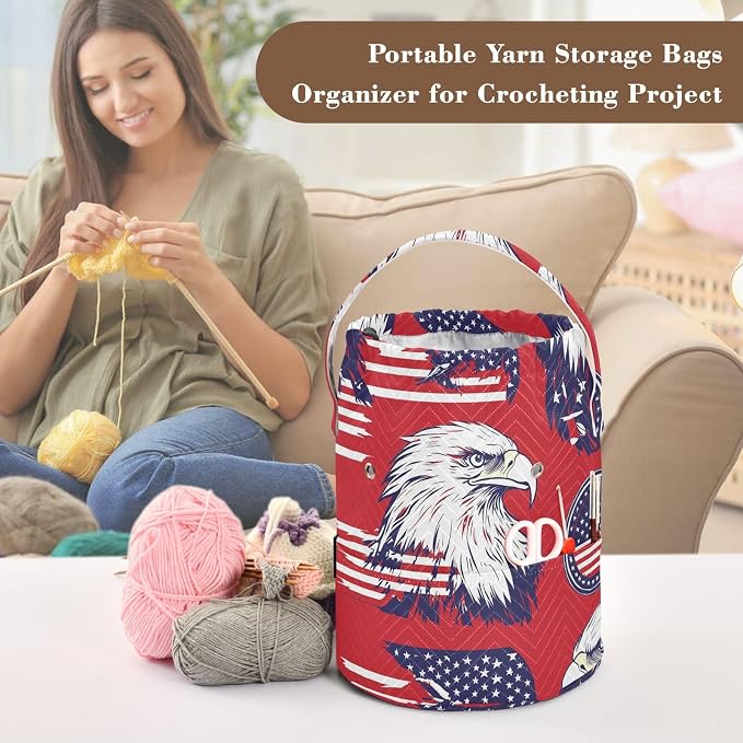 American Flag Bald Eagle Red Yarn Bag Small Crochet Bag Drawstring Yarn Storage - Image 4