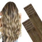 GOO GOO Invisi Edge Tape in Hair Extensions Human Hair, 3/8/613 Balayage Walnut Brown to Ash Brown and Bleach Blonde, 10pcs 18inch 25g, Virgin Remy Hair, Seamless Injected Tape, Natural Look