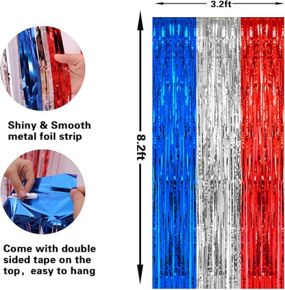 PIGETALE, 2 Pack 3.2 x 8.2 ft Red White and Blue Foil Fringe Backdrop Curtain - Image 3