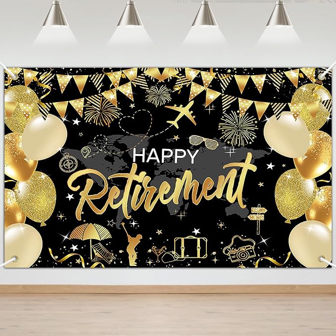 Mocsicka Retirement Party Decorations Black and Gold Happy Retirement Backdrop by Mocsicka