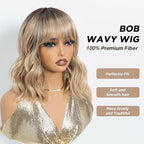 NOBLE Bob Wig Short Wigs for Women Bob Curly Wavy Hair Wigs with Bangs Heat Resistant 12 Inches Synthetic Wig for Cosplay Daily Use