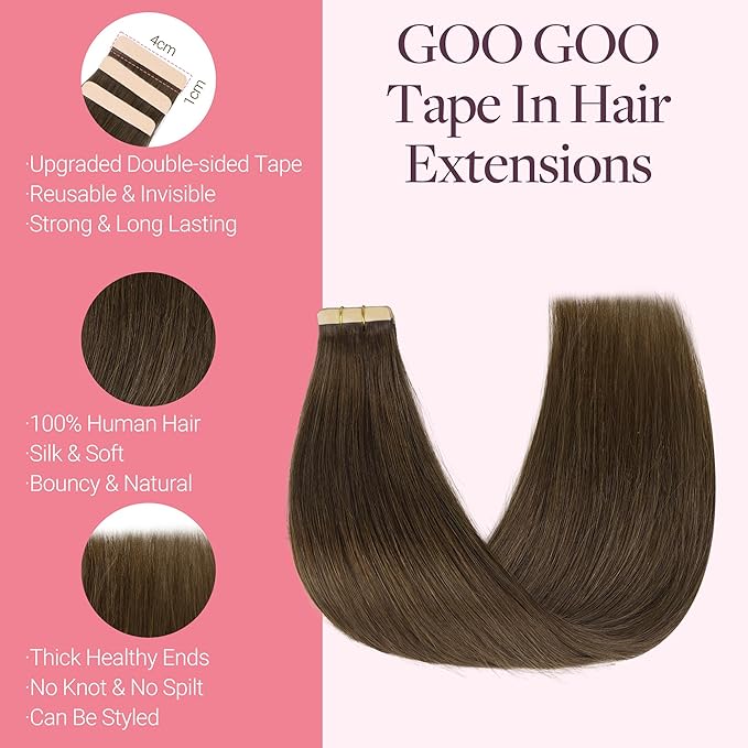 GOO GOO Tape in Hair Extensions Human Hair, #4H Light Chocolate Brown, 20inch 50g 20pcs, Skin Weft Seamless Invisible, Silky Straight with Thick Ends, Remy Human Hair